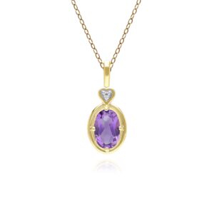 Vintage Oval Amethyst & Diamond Middle Pendant Necklace In 9ct Yellow Gold