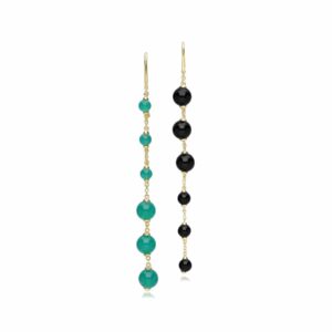 ECFEW™ Unifier Dyed Green Chalcedony & Onyx Mismatched Dangle Drop Earrings in Gold Plated Sterling Silver