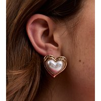Gold Tone Faux Pearl Heart Earrings New Look - Image 2