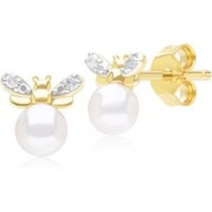 Honeycomb Impressed Pearl and Diamond Bee Stud Earrings in 9ct Yellow Gold