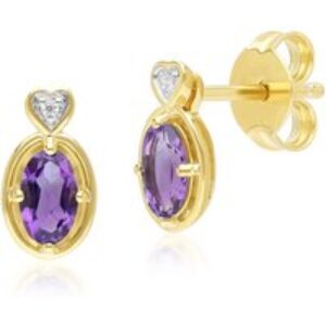 Vintage Oval Amethyst & Diamond Middle Stud Earrings In 9ct Yellow Gold