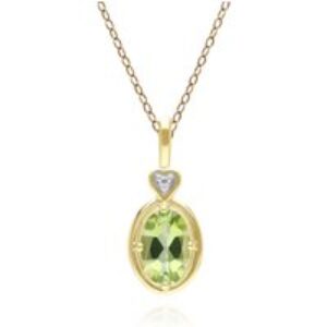 Vintage Oval Peridot & Diamond Middle Pendant Necklace In 9ct Yellow Gold