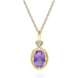 Vintage Oval Amethyst & Diamond Middle Pendant Necklace In 9ct Yellow Gold
