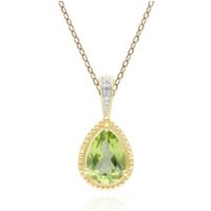 Vintage Pear Peridot & Diamond Pendant Necklace In 9ct Yellow Gold