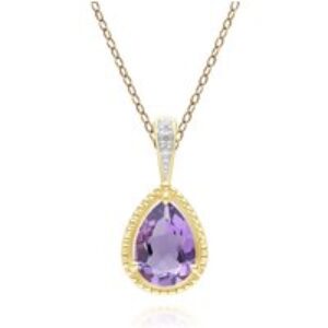 Vintage Pear Amethyst & Diamond Pendant Necklace In 9ct Yellow Gold