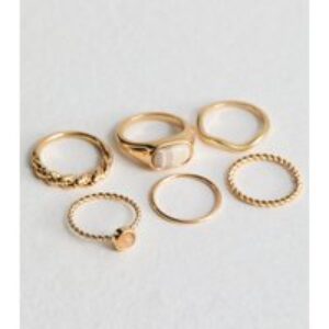 6 Pack Gold Combined Fake Semi Treasured Stone Rings New Glance