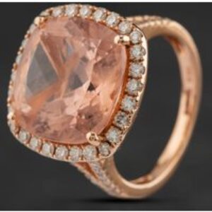 Pre-Owned 14ct Rose Gold Morganite & Sensible Reduce Diamond Massive Cushion Form Halo Ring 4148359