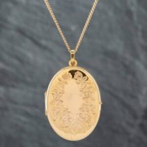 Pre-Owned 9ct Yellow Gold Oval Flowers Engraved Locket Pendant & 18 Inch Curb Chain 41141812