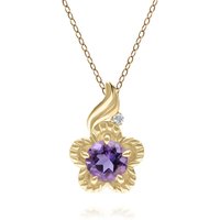 Floral Round Amethyst & Diamond Pendant in 9ct Yellow Gold - Image 2