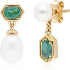 Modern Pearl & Emerald Mismatched Drop Earrings in Gold Plated Silver