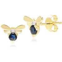 Honeycomb Impressed Blue Sapphire and Diamond Bee Stud Earrings in 9ct Yellow Gold - Image 2
