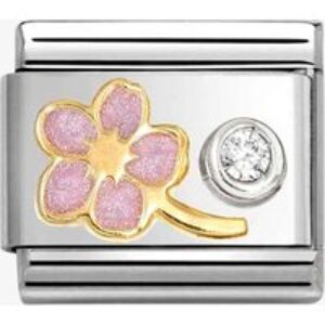 Nomination CLASSIC Stainless Steel 18ct Yellow Gold Cubic Zirconia Pink Myosotis Charm 630302/08