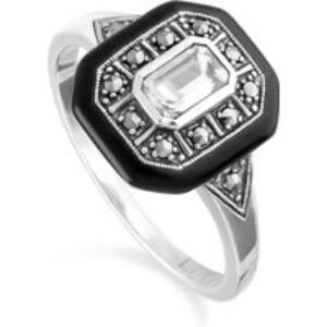 Artwork Deco Impressed White Topaz, Tooth & Marcasite Sq. Ring