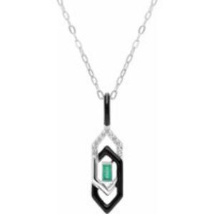Grand Deco Black Enamel, White Topaz & Emerald Pendant in 9ct White Gold