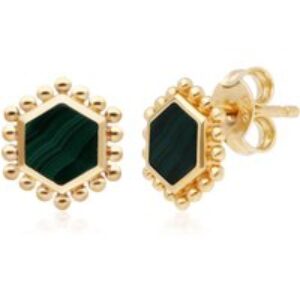 Malachite Flat Slice Stud Earrings in Gold Plated Sterling Silver