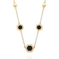 Black Onyx Flat Slice Hex Chain Necklace in Gold Plated Sterling Silver - Image 2