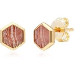 Micro Statement Rhodochrosite Hexagon Stud Earrings in Gold Plated Silver
