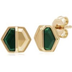 Micro Statement Malachite Hexagon Stud Earrings in Gold Plated Silver