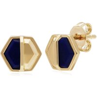 Micro Statement Lapis Lazuli Hexagon Stud Earrings in Gold Plated Silver - Image 2