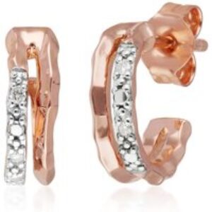 Diamond Pavé Double Hammered Mini Hoop Earrings in 9ct Rose Gold