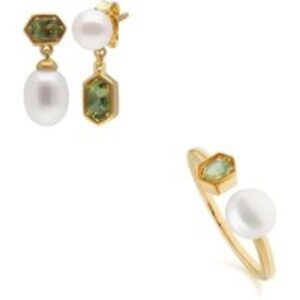 Modern Pearl & Peridot Earring & Ring Set in Gold Plated Silver