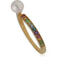 Rainbow Gemstone & Pearl Open Ring in Gold Plated Sterling Silver - Image 2