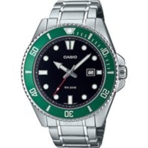 Casio Mens Stainless Steel Black Dial Green Bezel Diver Watch