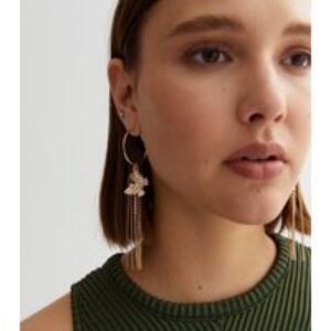 Gold Butterfly Charm Tassel Hoop Earrings New Look