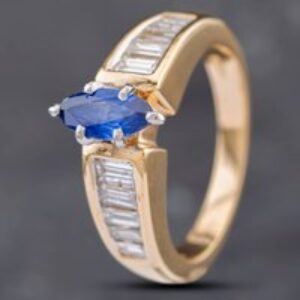 Pre-Owned 14ct Yellow Gold Marquise Cut Sapphire & Baguette Cut Diamond Set Shoulders Dress Ring 43361071