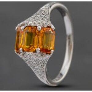 Pre-Owned 18ct White Gold 2.02ct Emerald Cut Golden Sapphire & 0.25ct Brilliant Cut Diamond Dress Ring 433615789