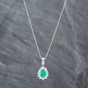 Pre-Owned 18ct White Gold 1.07ct Pear Cut Emerald & 0.46ct Brilliant Cut Diamond Cluster Pendant & 16-18 Inch Ball Chain 43141174
