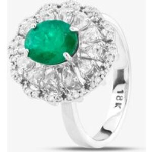Pre-Owned 18ct White Gold Oval Cut Emerald & Diamond Cluster Ring 43371040
