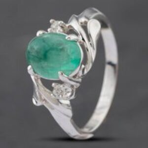 Pre-Owned 9ct White Gold Oval Cabochon Cut Emerald & Brilliant Cut Diamond Three Stone Ring 43371035