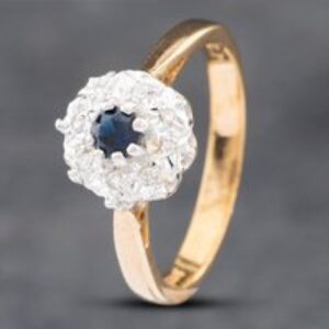 Pre-Owned 9ct Yellow Gold Sapphire & Single Cut Diamond Round Cluster Ring 41382338
