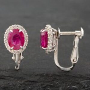 Pre-Owned 18ct White Gold Ruby & 0.36ct Brilliant Cut Diamond Oval Cluster Screw Fitting 9mm Stud Earrings 43171186