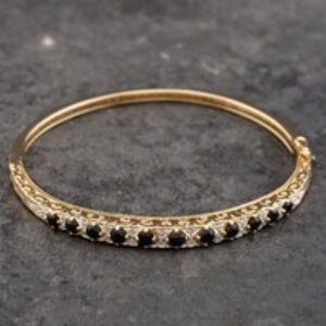 Pre-Owned 9ct Yellow Gold Sapphire & Diamond Medium Hinged Bangle 41211234