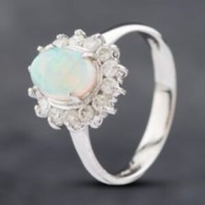 Pre-Owned Platinum 0.83ct Opal & 0.42ct Brilliant Cut Diamond Oval Cluster Ring 43381014