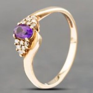 Pre-Owned 9ct Yellow Gold Amethyst & 0.15ct Brilliant Cut Diamond Cluster Ring 41382413