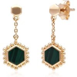 Malachite Flat Slice Hex Drop Earrings in Gold Plated Sterling Silver