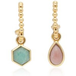 Micro Statement Rhodochrosite & Amazonite Mismatched Hoop Earrings In Yellow Gold Plated Silver