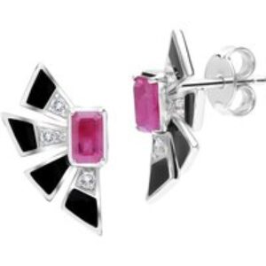Grand Deco Ruby & White Topaz Fan Earrings In Sterling Silver