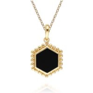 Black Onyx Flat Slice Hex Pendant in Gold Plated Sterling Silver
