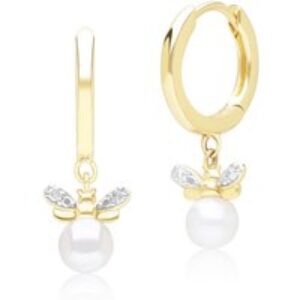 Honeycomb Inspired Pearl and Diamond Bee Hoop Earrings in 9ct Yellow Gold