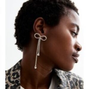 Silver Tone Huge Diamante Bow Tassel Earrings New Glance