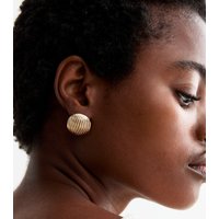 Gold Tone Huge Ridged Circle Stud Earrings New Glance - Image 2