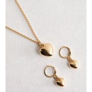 Gold Tone Matching Heart Earring and Necklace Set New Look
