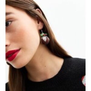 Darkish Brown Glitter Christmas Pudding 3D Earrings New Glance