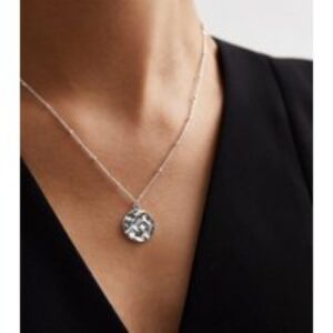 Silver Plated Hammered Circle Pendant Chain Necklace New Glance