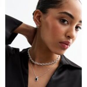 Silver Tone Double Layered Onyx Necklace New Glance