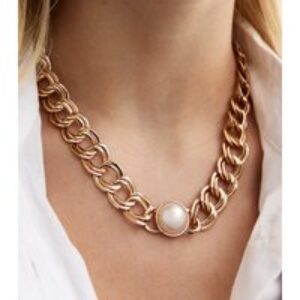 Gold Tone Fake Pearl Curb Chain Necklace New Glance